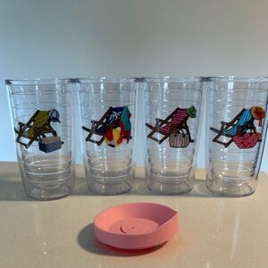 Tervis insulated cups (4) w/one pink lid; Beach theme